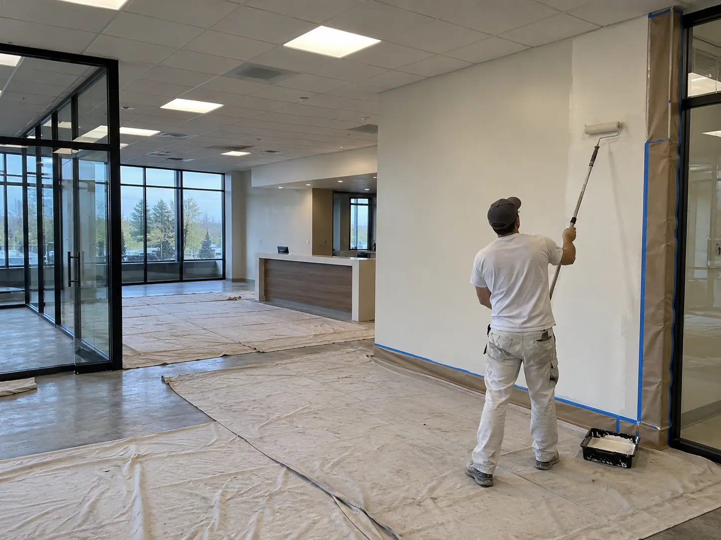 Professional painter working inside a commercial office in Greater Seattle